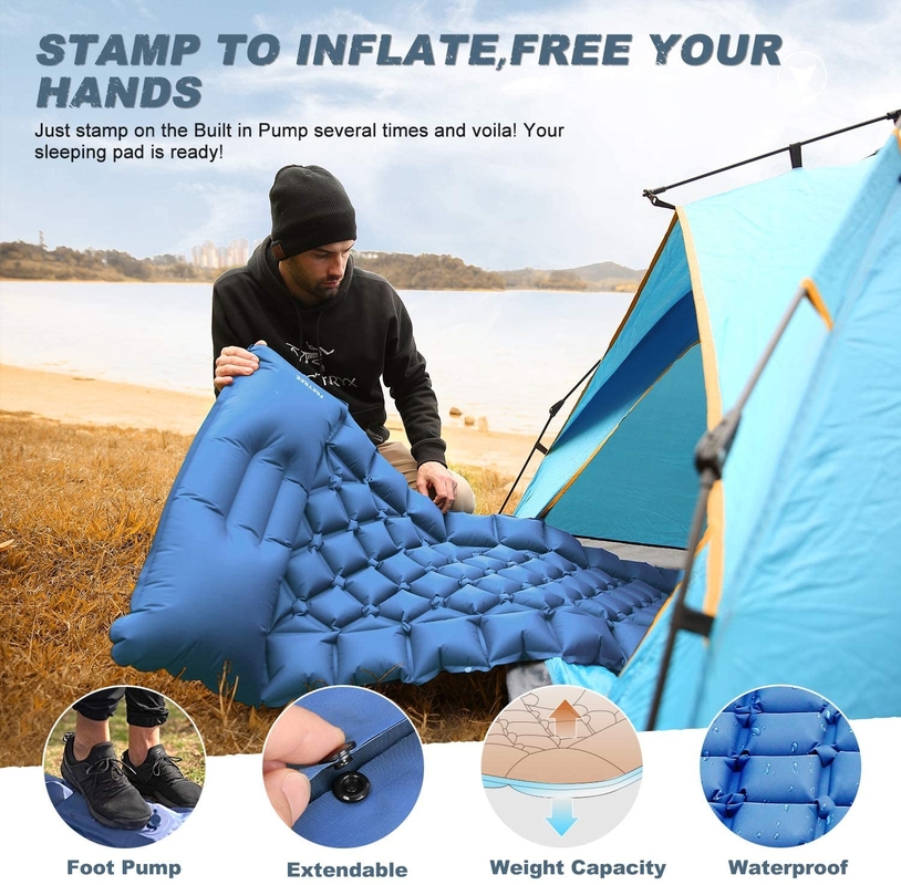2.7" Foot Press Inflatable 40D Nylon Camping Air Sleeping Pad 660LB
